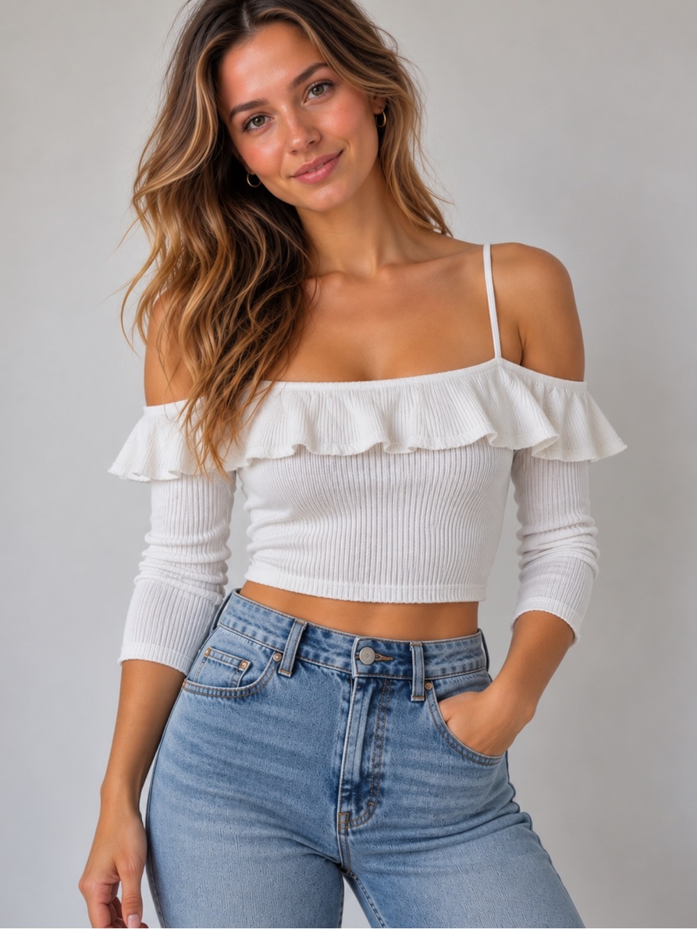 ZARA White Off Shoulder Ribbed Crop Top | Spaghetti Strap Size Small